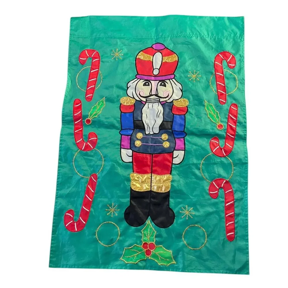 Vtg Applique Christmas Holiday Yard‎ Flag Double Sided Nutcracker Candy Cane